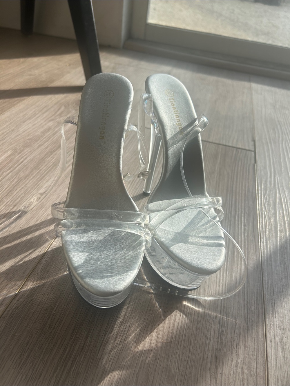 Clear Strappy Platform Heeled Sandals - Silver